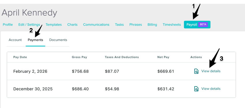 The Payments section in the staff profile showing pay stubs