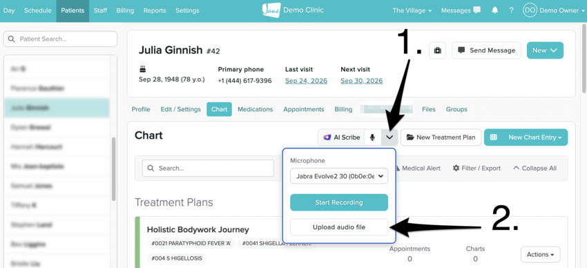 The patient's Chart tab showing the arrow next to the microphone icon with the Upload Audio File option