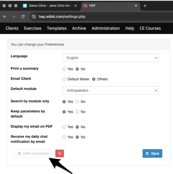 The Wibbi platform showing an EMR connected confirmation message.