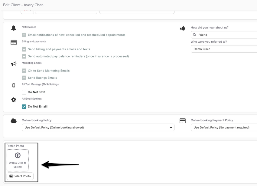The Profile Photo section on a patient's profile, boxed and pointed to with an arrow, showing the Drag & Drop to upload area and Select Photo button.