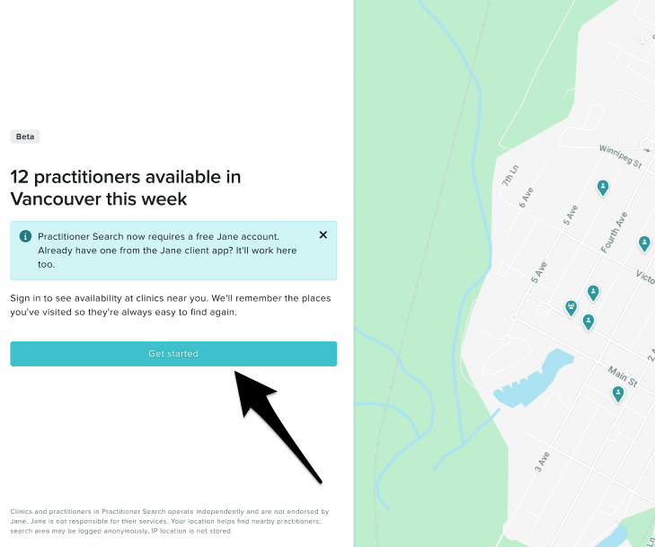 The Get Started button on the Practitioner Search homepage