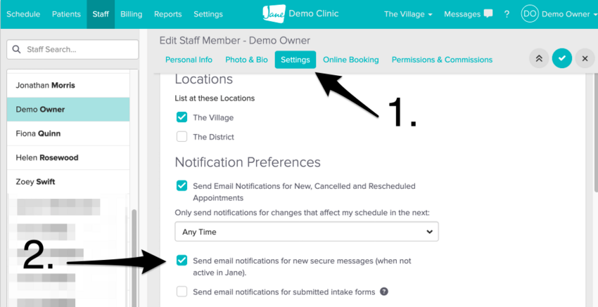 The Settings area of a staff profile showing the notification preferences section