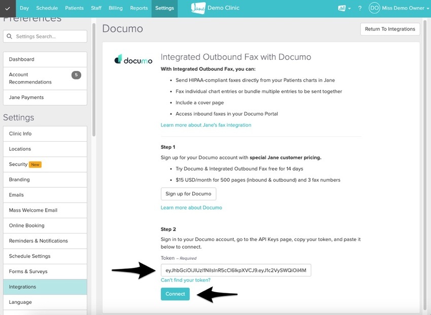 The Documo integration screen in Jane with the Token field and Connect button