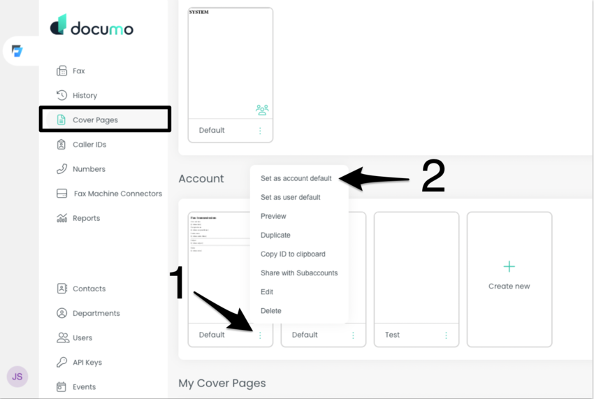 The Documo Cover Pages list with the three dots menu open next to a template