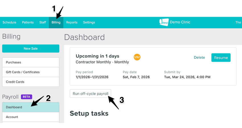 The Dashboard showing the Run off-cycle payroll button